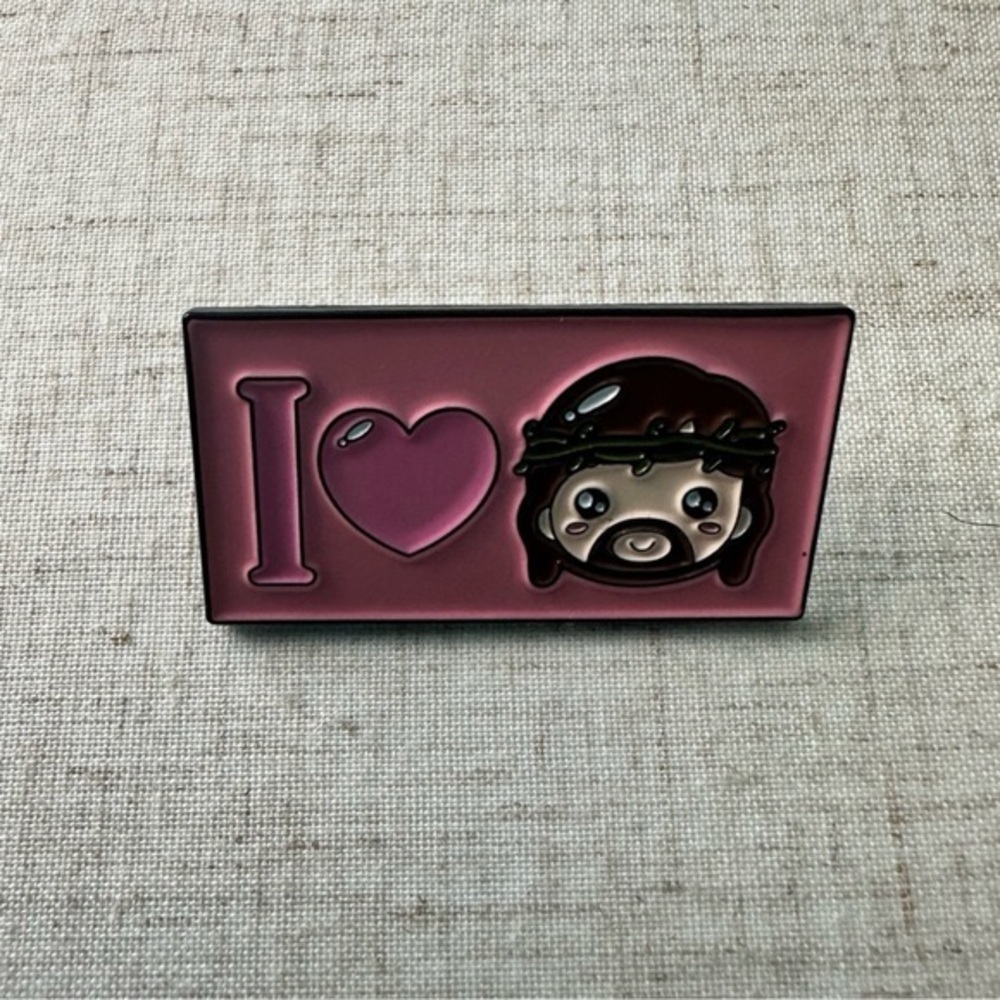 I Heart Jesus Enamel Pin Pink & Brown Rectangular Shape Friendly Jesus